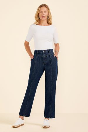 Calça Feminina Reta Jeans Recortes Marialícia Azul