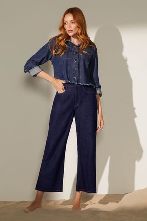 Calça Feminina Jeans Wide Leg Bolsos Marialícia Azul