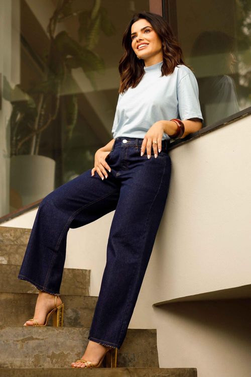 Calça Feminina Jeans Wide Leg Bolsos Marialícia Azul