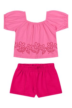 Conjunto Infantil Menina Flor em Puff Elian Rosa