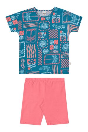 Conjunto Infantil Menina Tropical Geométrico Elian Azul