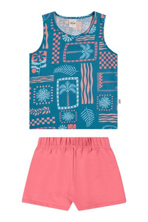Conjunto Infantil Menina Folhagem Tropical Elian Azul