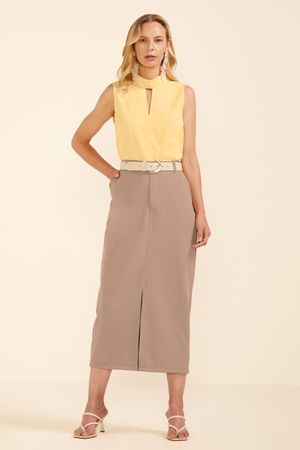 Saia Feminina Midi Alfaiataria Fenda Marialícia Marrom