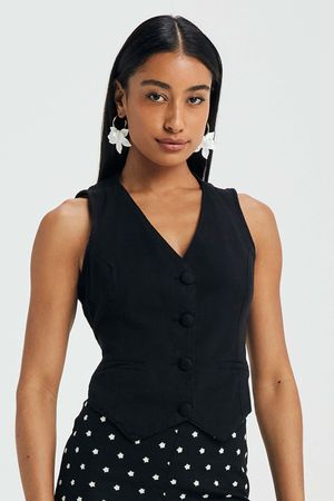 Colete Feminino Alfaiataria Linho Marialícia Preto