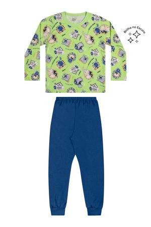 Pijama Infantil Menino Longo Animais Piratas Brilha no Escuro Elian Verde