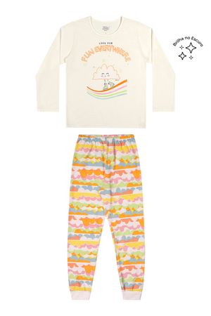 Pijama Infantil Menina Longo Nuvens Brilha no Escuro Elian Bege