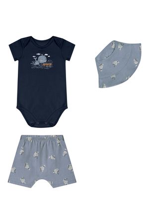 Kit Bebê Menino Estampado Com Chapéu Elian Azul