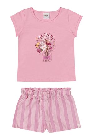 Conjunto Curto Infantil Menina Flores Glitter Elian Rosa