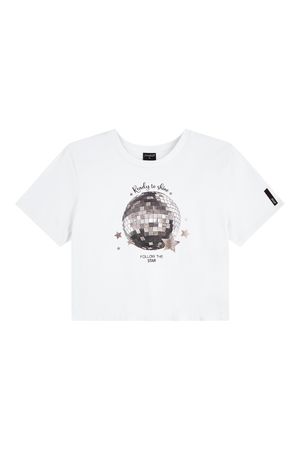 Blusa Cropped Juvenil Menina Disco Ball Beats Branco