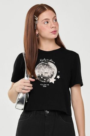 Blusa Cropped Juvenil Menina Disco Ball Beats Preto