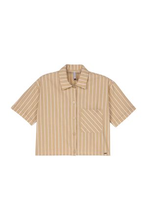 Camisa Feminina Listrada Tricoline Marialícia Bege