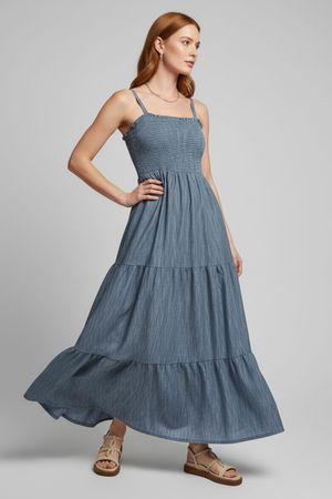 Vestido Longo Com Alças Feminino Marialícia Azul