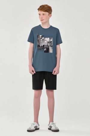 Conjunto Curto Juvenil Menino Estampa Urbana Beats Azul