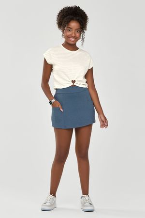 Short Saia Juvenil Menina Moletom de Linho Beats Azul