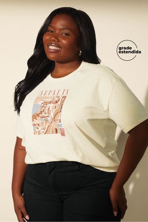 T-Shirt Feminina Eco Linho Estampada Marialícia Bege