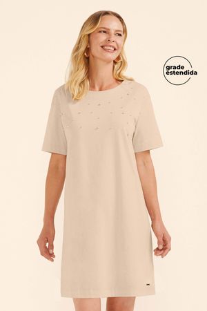 Vestido Feminino Reto Pérolas Marialícia Bege