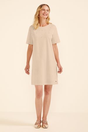 Vestido Feminino Reto Pérolas Marialícia Bege