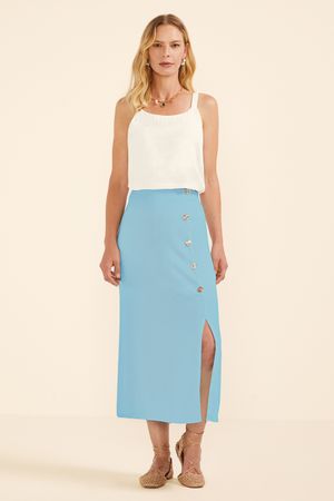 Saia Midi Feminina Fenda Com Botões Marialícia Azul