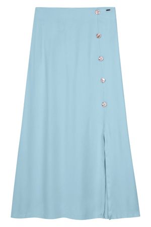 Saia Midi Feminina Fenda Com Botões Marialícia Azul