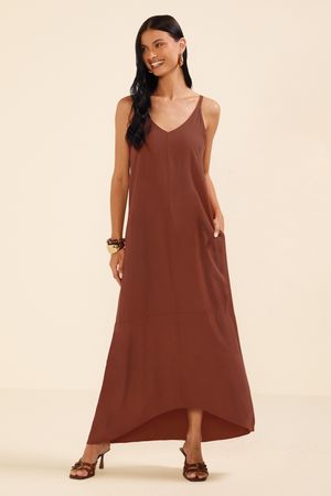 Vestido Feminino Longo Com Bolsos Marialícia Marrom