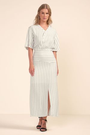 Saia Feminina Midi Listrada Com Fenda Marialícia Bege