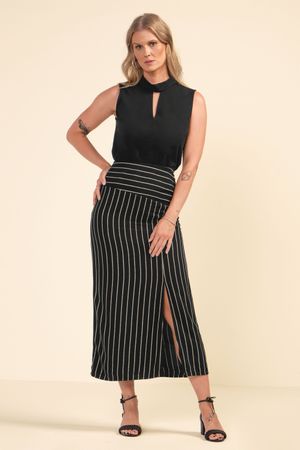 Saia Feminina Midi Listrada Com Fenda Marialícia Preto