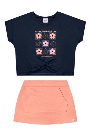 Conjunto Infantil Menina Floral Blusa e Short Saia Elian Azul