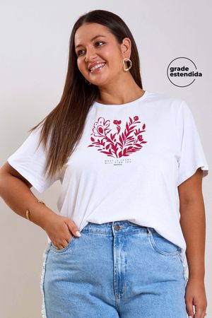 T-Shirt Feminina Floral Regular Marialícia Branco
