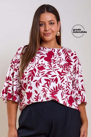 Blusa Feminina Curta Floral em Viscose Marialícia Bege
