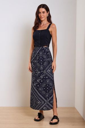 Saia Feminina Midi Padronagem Floral Marialícia Preto