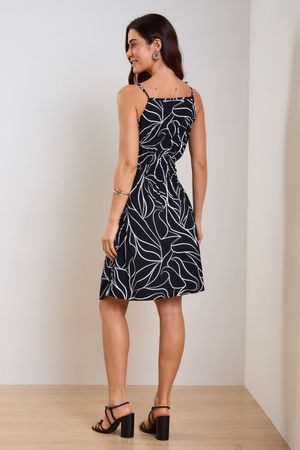 Vestido Feminino Estampado Folhas Marialícia Preto
