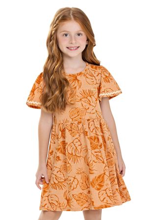 Vestido Infantil Menina Folhas Tropical Colorittá Marrom