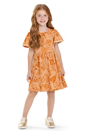 Vestido Infantil Menina Folhas Tropical Colorittá Marrom