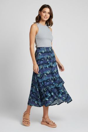 Saia Midi Feminina Estampada Com Babado Marialícia Azul