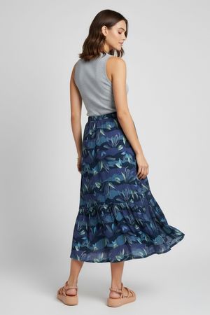 Saia Midi Feminina Estampada Com Babado Marialícia Azul