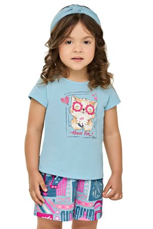 Conjunto Curto Infantil Menina Gatinho Elian Azul