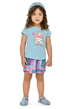 Conjunto Curto Infantil Menina Gatinho Elian Azul