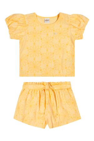 Conjunto Infantil Menina Devorê Floral Elian Amarelo