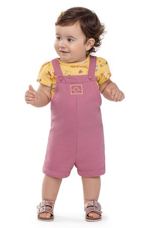 Conjunto Bebê Menina Jardineira Bordada Elian Amarelo