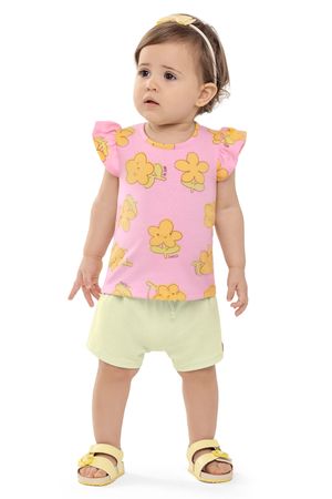 Conjunto Bebê Menina Florzinhas Com Babado Elian Rosa