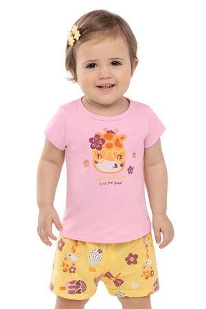 Conjunto Manga Curta Bebê Menina Girafa Elian Rosa
