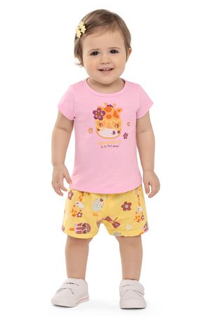 Conjunto Manga Curta Bebê Menina Girafa Elian Rosa