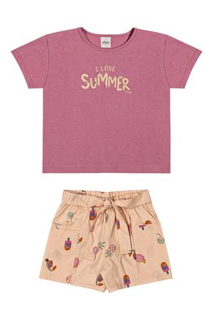 Conjunto Infantil Menina Tricoline Tropical Elian Rosa