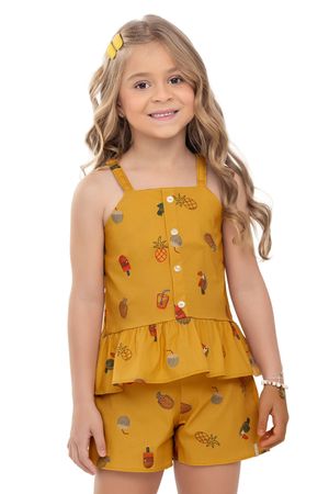 Conjunto Infantil Menina Tropical Babados Elian Amarelo