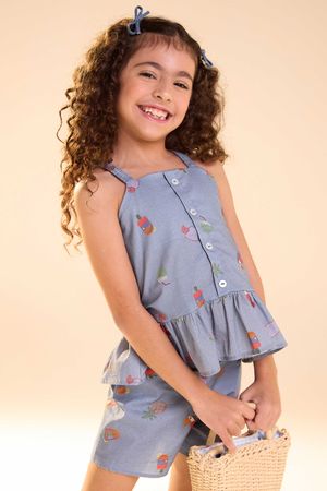 Conjunto Infantil Menina Tropical Babados Elian Azul