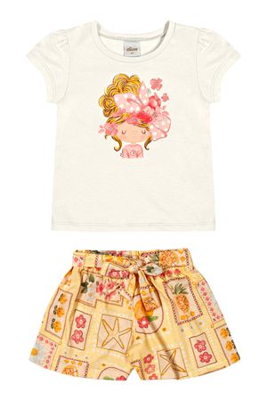 Conjunto Infantil Menina Ilustrado Brilho Elian Bege