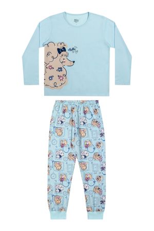 Pijama Longo Infantil Menina Pets Glitter Elian Azul